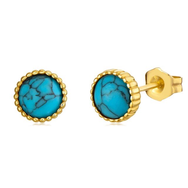 14K Gold Circular Turquoise Round Stud Earrings-3